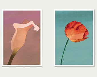 Two FLoral Watercolor Painting, 2 set of Flower Botanical Prints, Simple Floral Wall Decor, Living Room Decor, Large Set Flower Paintings A2