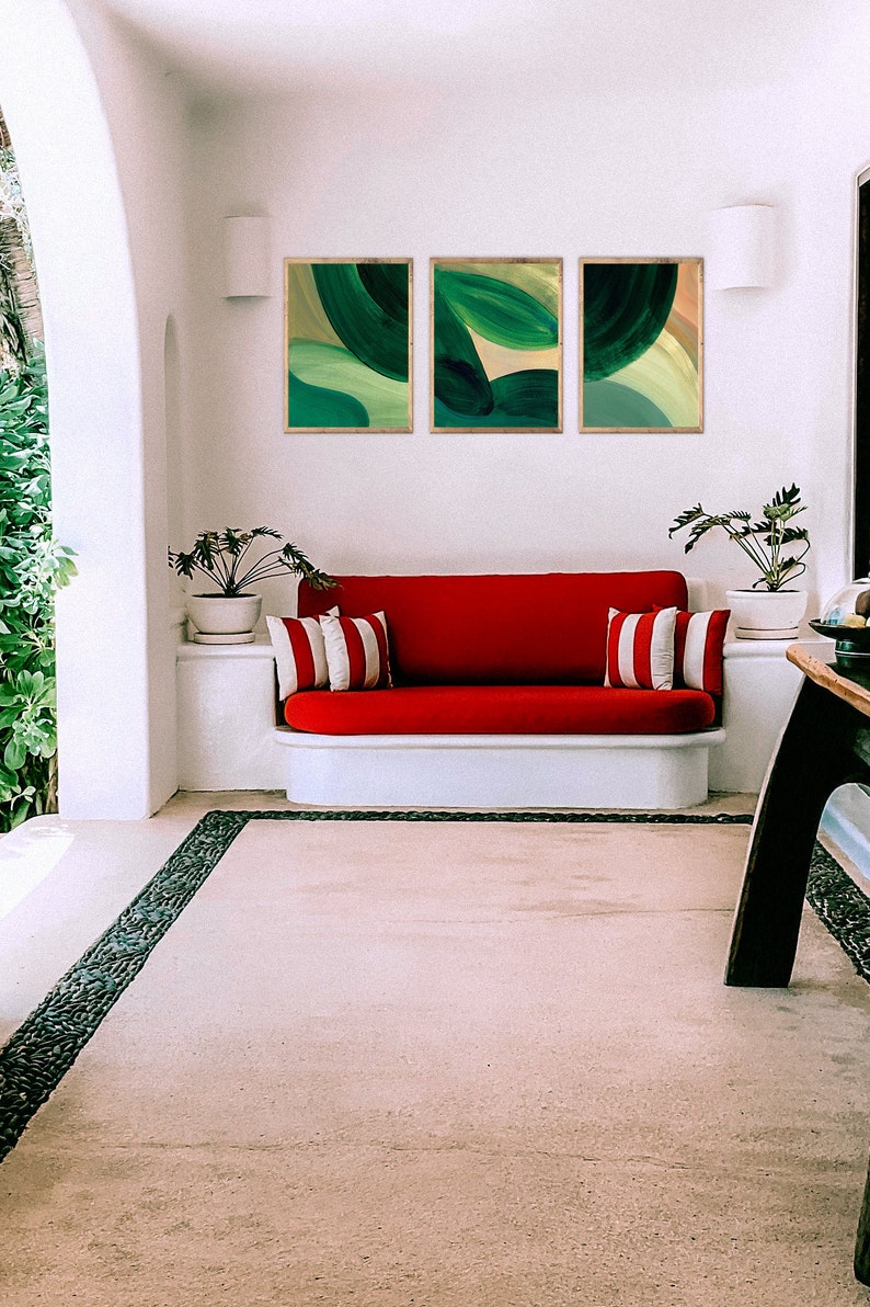 Emerald green wall art Set of 3 prints Leafy abstract