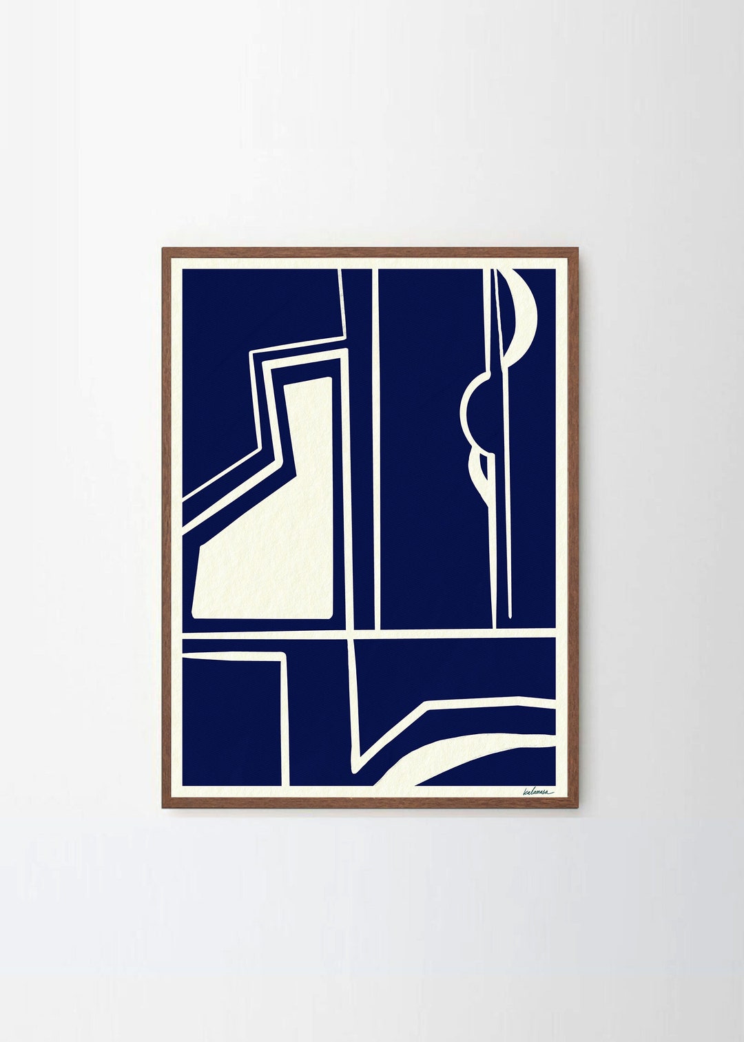 Navy Blue and White Painting, Abstract Line Art, Modern Contemporary