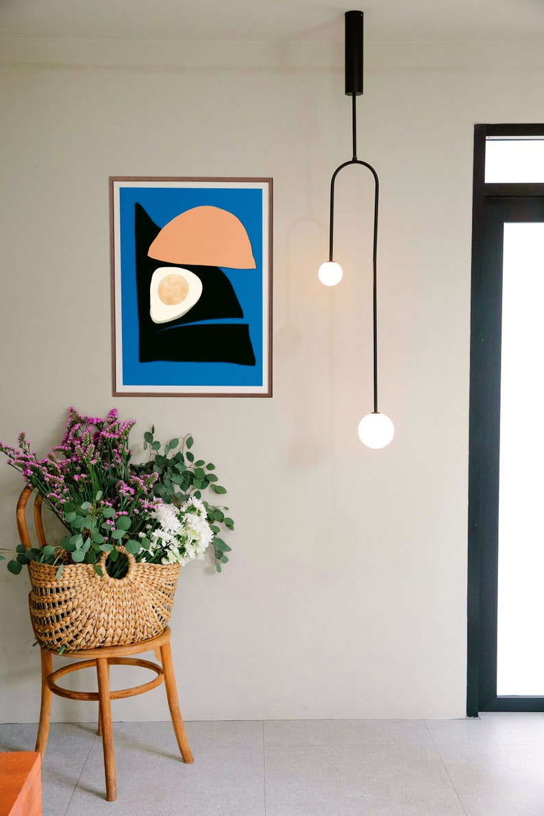 A modern minimalist poster with organic shapes geometric Scandinavian art print, it has the bright vivid color of blue pink, and black. The art print is made by an artist named Kalamasa Art Gallery. A large Wall Art.
