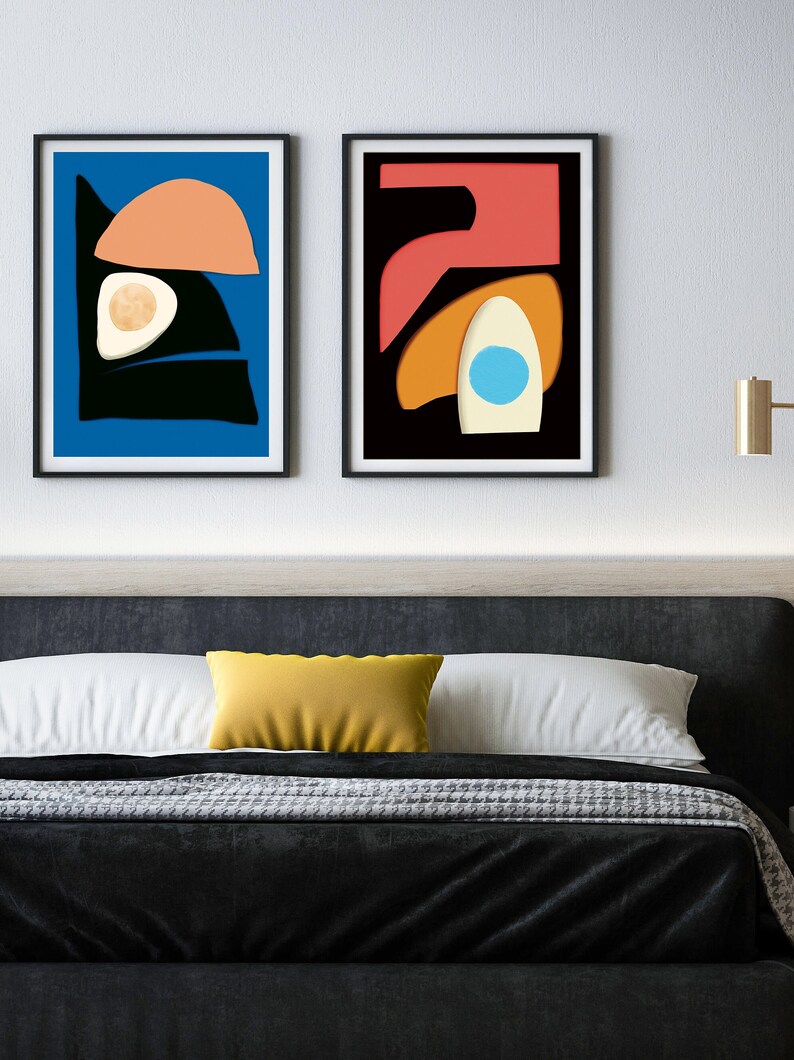 Two unique abstract art prints for bedroom, creating a fun and bright colors to surrounding neutral color bedroom interior.