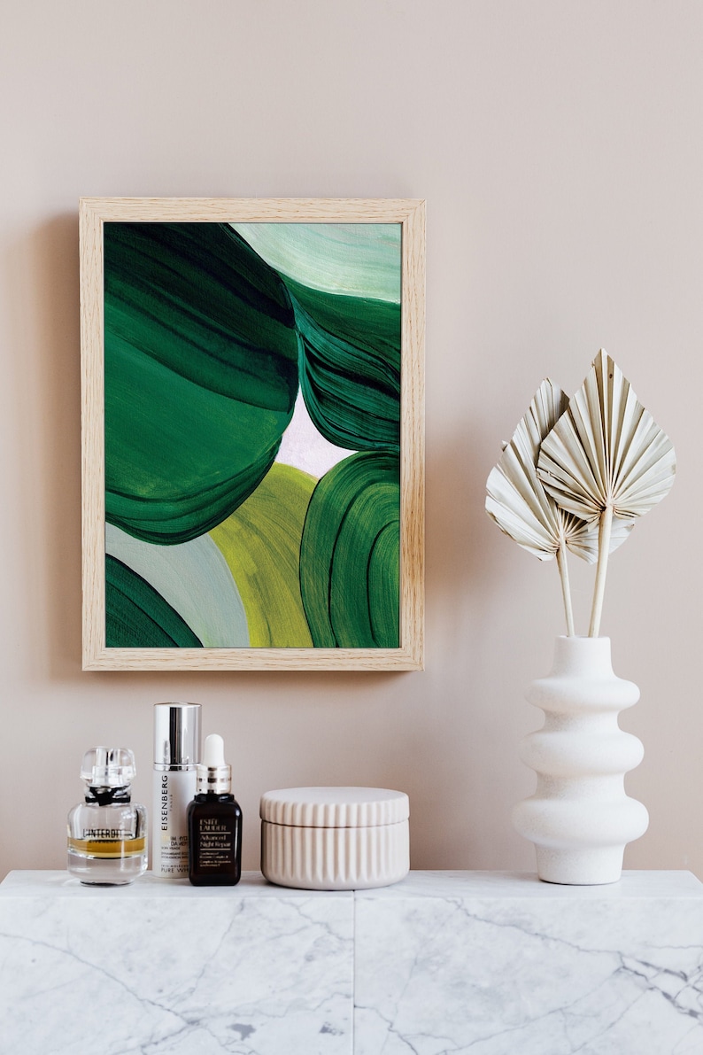 Abstracte groene print, moderne aquarelkunst, hedendaagse grote muurkunst voor huisdecor, smaragdgroene kunstprint, groene aquarel abstract afbeelding 1