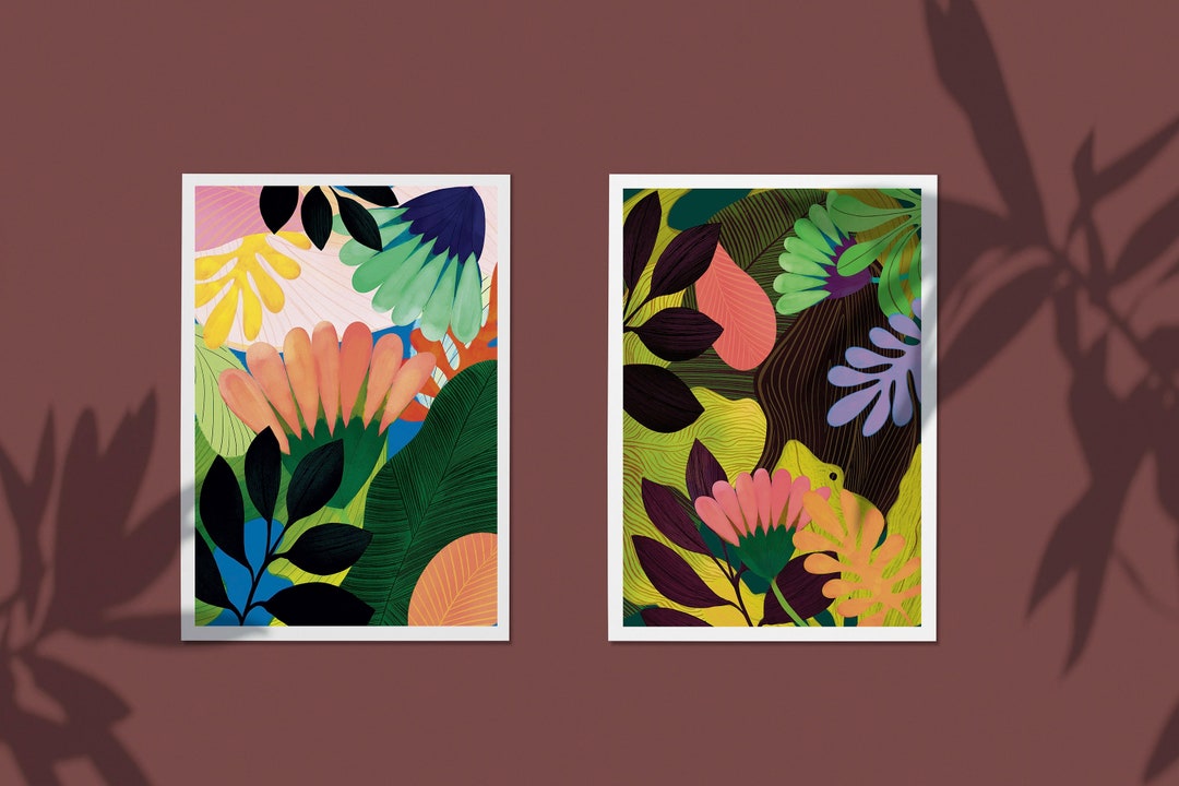 Two Piece of Floral Botanical Prints, Spring and Summer Flowers, Summer ...