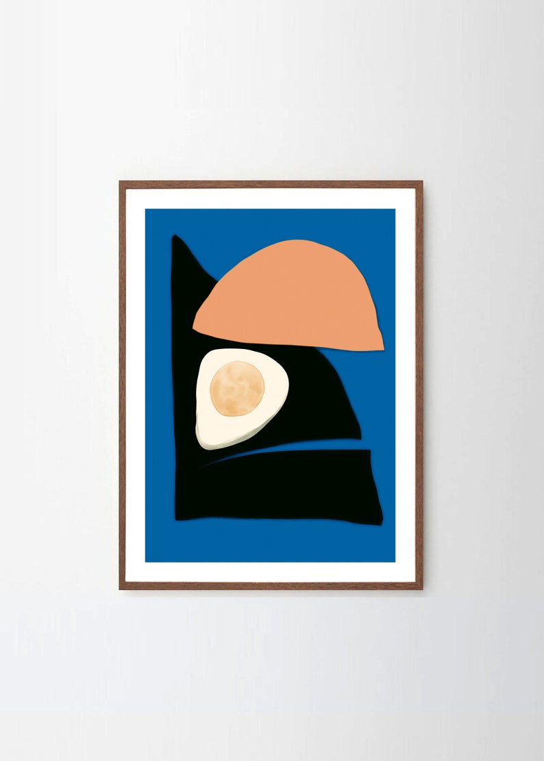 A simple and alluring modern contemporary art print made by Kalamasa Art Gallery, with bright blue background, and abstract organic shapes. The artwork is framed and hung in a white clean wall, creates a vocal point to the surrounding interior design