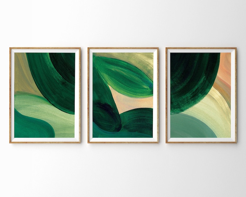 Emerald Green Wall Art Set of 3 Prints Leafy Abstract Decor Etsy UK