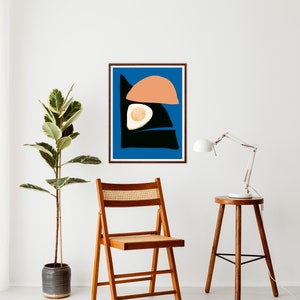 Best modern contemporary painting for mid century home decor. The painting has bright blue background with beautiful organic shapes. Modern art print suitable for modern office and bedroom decor.