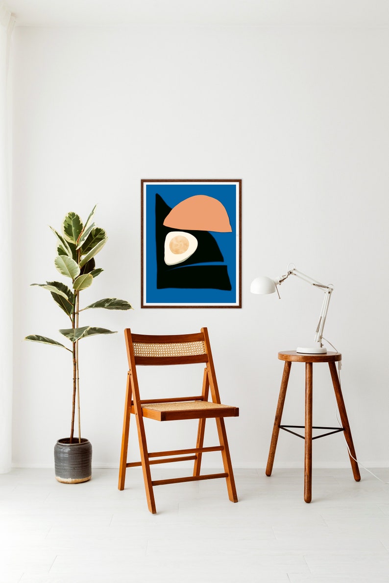 Best modern contemporary painting for mid century home decor. The painting has bright blue background with beautiful organic shapes. Modern art print suitable for modern office and bedroom decor.