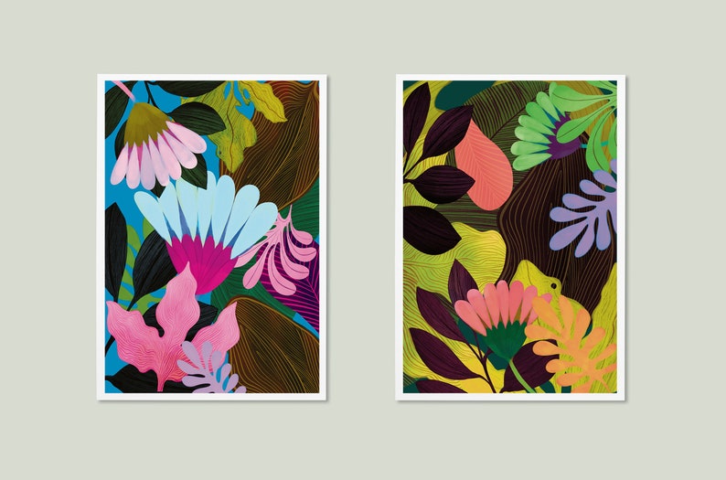 Tropical Wildflower Art prints, two art prints of bright colorful floral, Spring and Summer art prints printable wall art, colorful botanical wall decor, colorful flower wall art for home decor with beautiful vivid colors. Flower paintings art prints