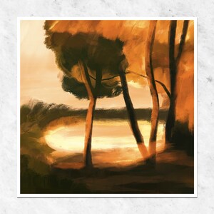Sunset forest painting, square landscape art print, Deep forest vintage oil painting, Vintage Landscape art, large tree Botanical Print image 2