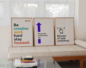 Motiverande väggkonst för kontoret, inspirerande citatposters, typografiset med 3 tryck, bekräftelse för hemmakontor, utskrivbar digital nedladdning