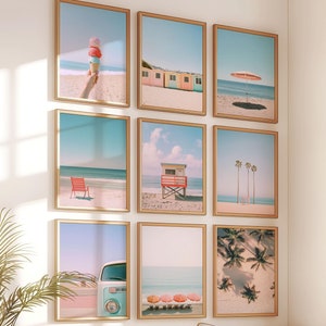 Retro Pastell StrandDrucke, Ozean Meer Wandkunst, Boho Küsten Dekor, Sommer Poster in Pfirsich Rosa Tönen, Minimalistischer Ästhetischer Digitaler Download