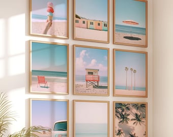 Retro Preppy Wall Art, Pastel Beach Pictures, Ocean Sea Prints, Summer Posters in Salmon Pink Tones, Minimalist Aesthetic Digital Download