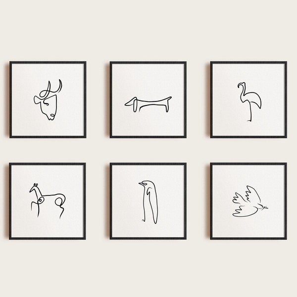 Picasso Line Art Print Set, Schwarz-Weiß Minimalistische Digitaldrucke, Picasso Tier Skizze Poster, Boho Wandkunst, Galerie Wandset