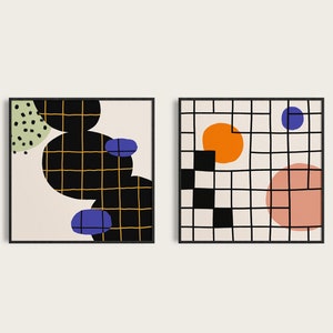 Eclectic Abstract Art Set of 2 Prints,  Mid Century Modern Colorful Square Digital Print, Quirky Bauhaus Inspired Geometric Office Wall Art