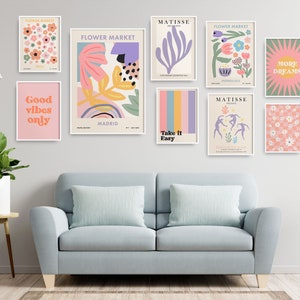 Pastellfarbenes Galerie-Wandset, Blumenmarkt, Matisse-Drucke und motivierende Zitate Poster, Set mit 9 Drucken, digitaler Download