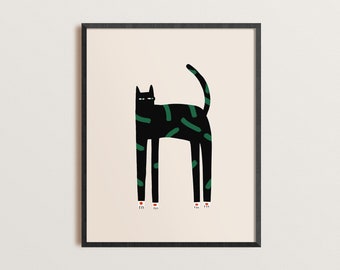 Retro Black Cat Print, Mid century modern art, Boho Printable Wall Art, Scandinavian abstract print, Cat Poster, Pet Illustration