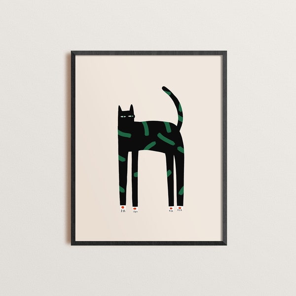 Retro Black Cat Print, Mid century modern art, Boho Printable Wall Art, Scandinavian abstract print, Cat Poster, Pet Illustration
