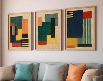 Abstract Modern Painting, Retro Geometric Wall Art, Mid Century Modern Art, Bauhaus Set of 3 Prints, Mid Mod Art, Mcm Living Room Decor