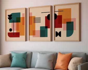 Bauhaus Set of 3 Prints, Vintage Mid Century Modern Posters, Retro Geometric Gallery Wall Set, 3 Piece Trendy Wall Decor Digital Download