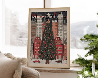 Vintage Christmas Print, New York Christmas Tree Poster, Winter Printable Wall Art, Retro Holiday Wall Decor Digital Download