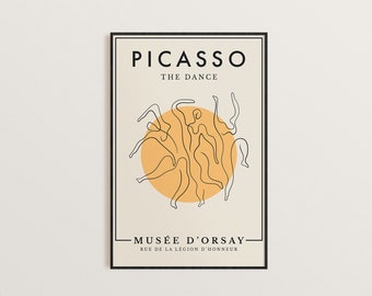 May include: A minimalist poster with a black frame featuring a line drawing of dancers in a circle with a yellow sun in the center. The text "PICASSO THE DANCE" is at the top of the poster and "MUSÉE D'ORSAY RUE DE LA LÉGION D'HONNEUR" is at the bottom.