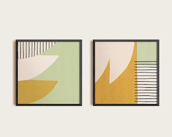 Mid Century Modern Art, Set of Two Square Prints, Abstract Geometric Printable Art, Abstract Shapes Print, Boho Wall Art, Yellow Green