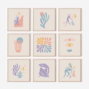 Matisse Danish Pastel Gallery Wall Set, Boho Square Prints Set of 9 in Light Blue Lilac and Pink Tones Digital Download
