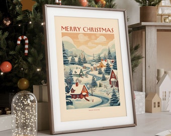 May include: A framed print featuring a vintage illustration of a snowy winter village scene. The print has the text "Merry Christmas" at the top and "Snowy's Greeting" at the bottom.