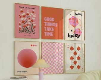 Preppy Wall Art Print Set, Teen Girl Room Decor, Retro Funky Posters, Pink College Dorm Decor, Girly Wall Art, Printable Digital Download