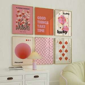 Retro Funky Wandkunst 6er Set Drucke, Pink und Orange Groovy Poster, Preppy Room Dekor, College Dorm Dekor, Girly Wandkunst Digitaler Download