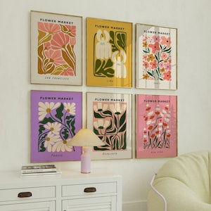 Flower Market Print Set of 6, Funky Floral Wall Art, Preppy Room Decor, Colorful College Dorm Decor, Girly Teen Wall Art Digital Download