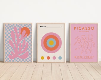 Funky Pink Wandkunst 3er Set Drucke, Groovy Kariertes Dekor Sofort Download, Matisse Blatt, Bauhaus und Picasso Ausstellungsposter