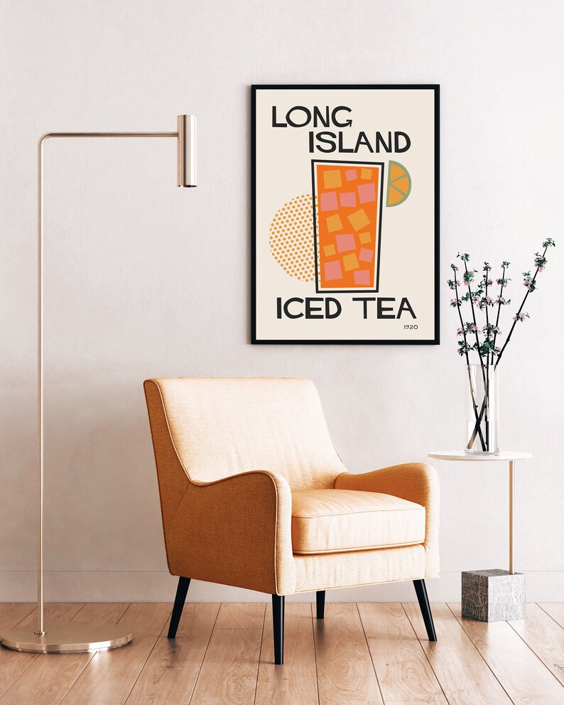 May include: A framed poster with a retro design featuring a glass of iced tea with a lime wedge and the text "Long Island Iced Tea 1920".