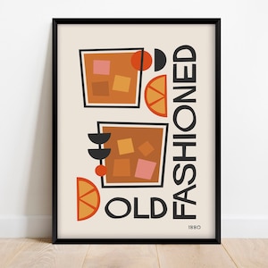 Old Fashioned Cocktail Print, Retro Mid Century Modern Bar Decor, Alcohol Print Digital Download