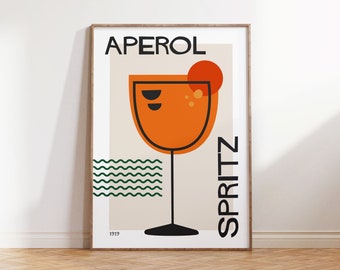 Könnte beinhalten: Ein Retro-Poster mit dem Text "Aperol Spritz 1919" in Schwarz. Das Poster zeigt ein stilisiertes orangefarbenes Glas mit einem roten Kreis oben, das einen Aperol Spritz-Cocktail darstellt. Der Hintergrund ist hellbeige mit grünen Wellenlinien.