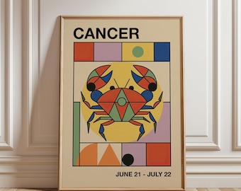 Cancer Art Print, Astrology Wall Art, Retro Bauhaus Style Poster, Mid Century Modern Art, Zodiac Sign Gift, Digital Download