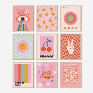 Funky Retro Wall Art Set of 9 Prints, 60s 70s Pink Aesthetic Gallery Wall Set, Groovy Preppy Room Decor Digital Download