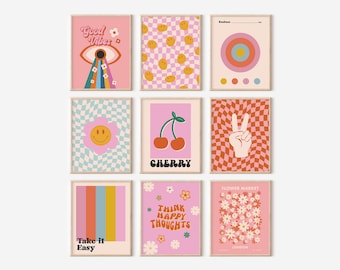 Funky Retro Wandkunst Set van 9 Prints, 60s 70s Roze Esthetische Galerij Wandset, Groovy Preppy Kamerdecoratie Digitale Download