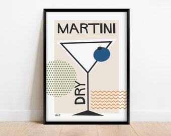 Martini Dry Cocktail Art Print, Minimalist Mid Century Modern Bar Decor, Retro Kitchen Poster Digital Download