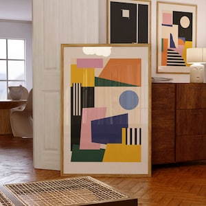 Impresión inspirada en la Bauhaus, arte de pared ecléctico retro, arte moderno de mediados de siglo, decoración de pared de oficina de moda, bloques de colores coloridos, descarga digital