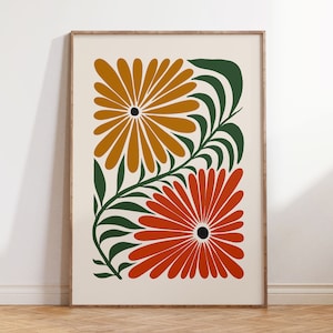 Cartel de flores groovy, arte de pared floral retro, impresión botánica de moda, decoración de pared maximalista ecléctica, descarga digital
