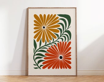 Affiche de fleurs groovy, art mural floral rétro, impression botanique tendance, décoration murale maximaliste éclectique, téléchargement numérique