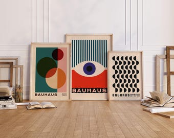 Bauhaus Set of 3 Prints Vintage Mid Century Modern Posters Retro Geometric Gallery Wall Mid Mod Printable Art Digital Download