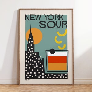 Cocktail Poster New York Sour, Retro Alcohol Prints, Kitchen Printable Wall Art, Bar Cart Decor Digital Download