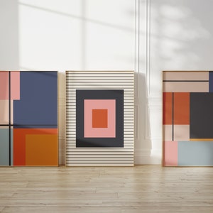 Mid Century Modern Retro Set of 3 Prints, Bauhaus Abstract Geometric Print, Vintage Eclectic Color Blocks Wall Art Digital Download