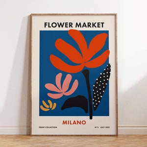 May include: A blue and white poster with the text "FLOWER MARKET MILANO" and a stylized illustration of red, pink, yellow, and black flowers. The poster is part of a print collection and is dated July 2021.