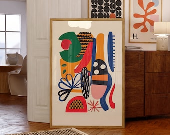 Arte de parede maximalista eclética, impressão de arte contemporânea peculiar, pôster colorido brilhante, decoração de escritório de sala de estar, download digital