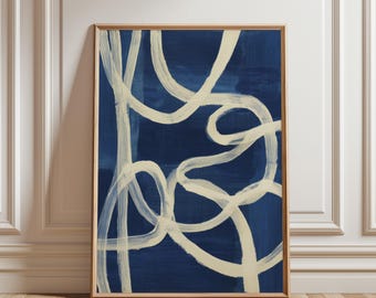 Minimalist Printable Wall Art, Contemporary Modern Print, Abstract Blue Art, Brush Strokes Play, Boho Japandi Poster, Digital Download