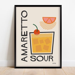 Impresión de cóctel retro Amaretto Sour, cartel de cocina moderna de mediados de siglo, descarga digital de decoración de bar colorida vintage