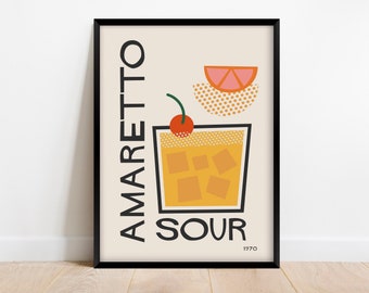 Retro Cocktail Print Amaretto Sour, Mid Century Modern Kitchen Poster, Vintage Colorful Bar Decor Digital Download